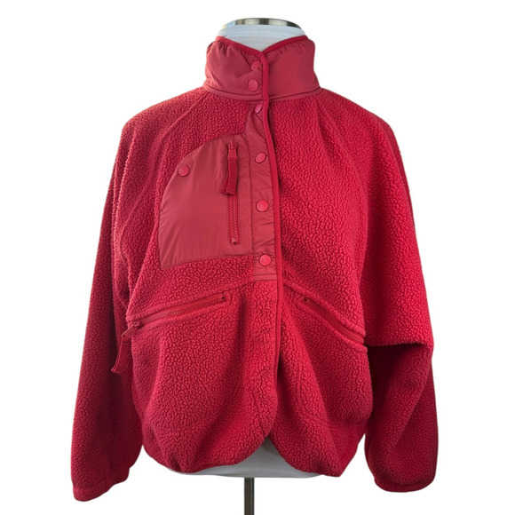 Free People FP Movement Hit The Slopes Fleece Jacket Coral Red Sherpa Size XL - Picture 2 of 16